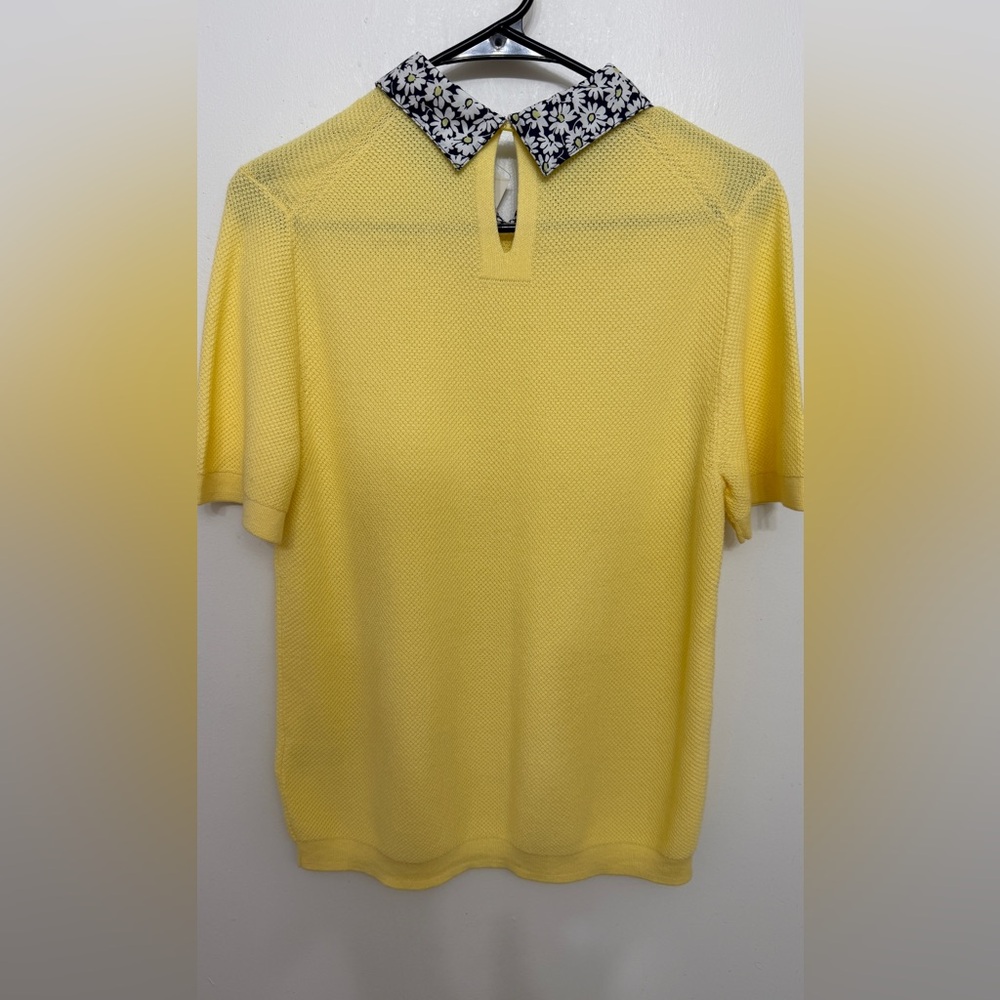 NWT J.CREW Daisy Print Peter Pan Collar Knit Top Yellow Cotton Short Sleeve L - Picture 5 of 11